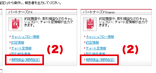 パートナーズFXまたはパートナーズFXnanoの「期間損益(期間指定)」をクリックします。